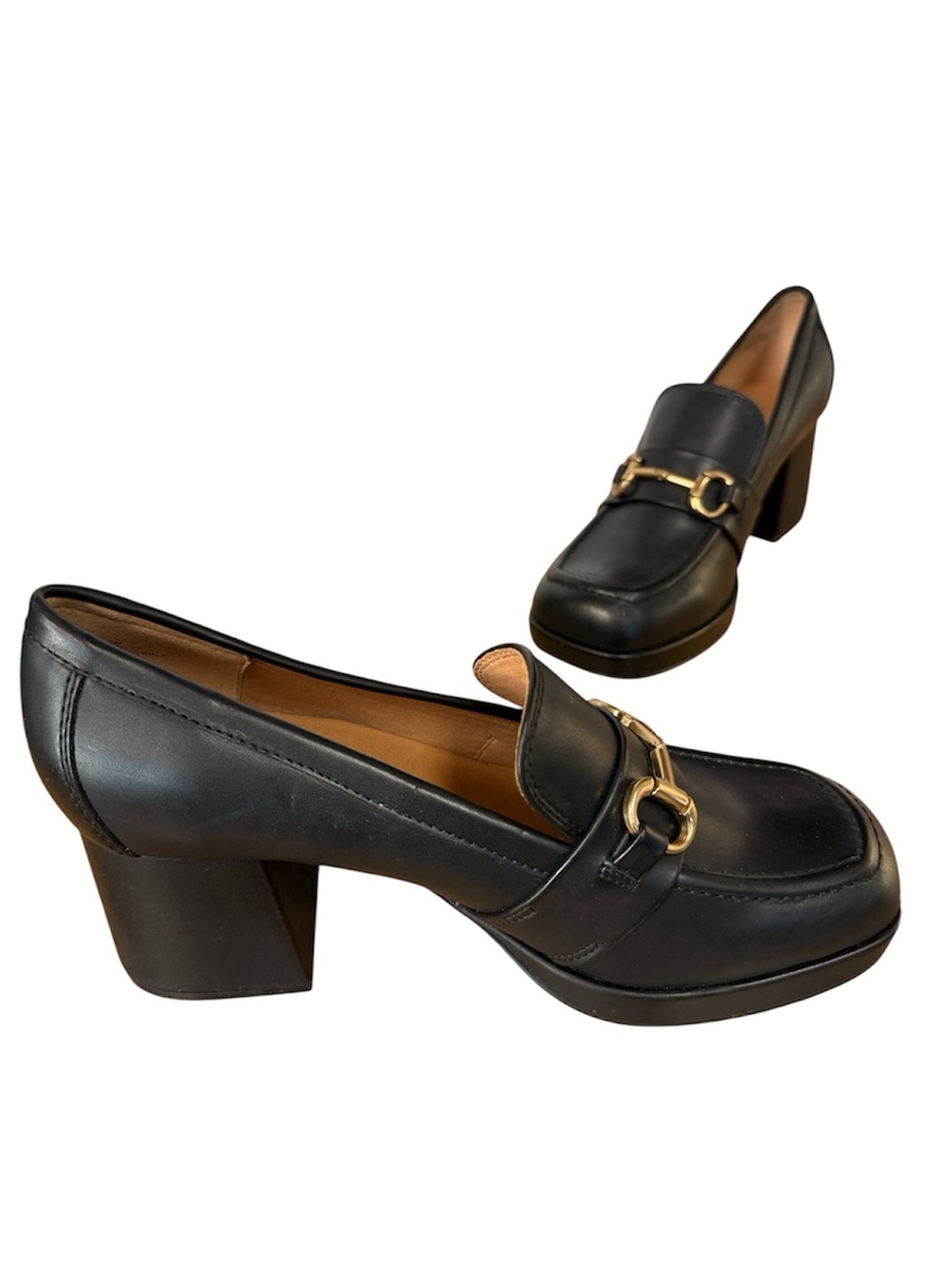 NINE WEST WOMENS TAMSEY 3 ALIP ON PLATFORM LOAFERS FAUX LEATHER BLACK/GOLD SZ 9
